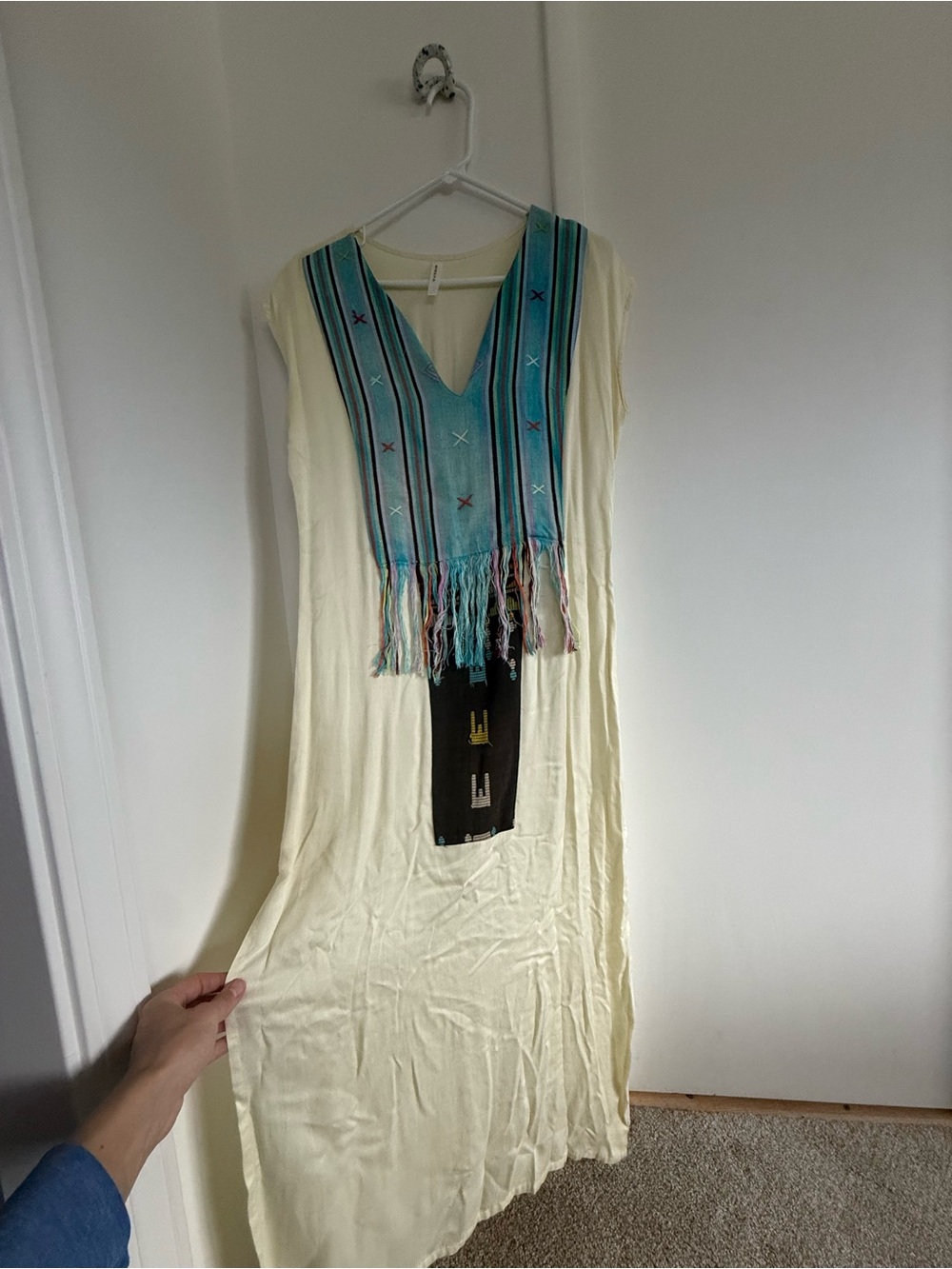 Wawaha Cream Maxi Dress with Blue Fringe V-Neck